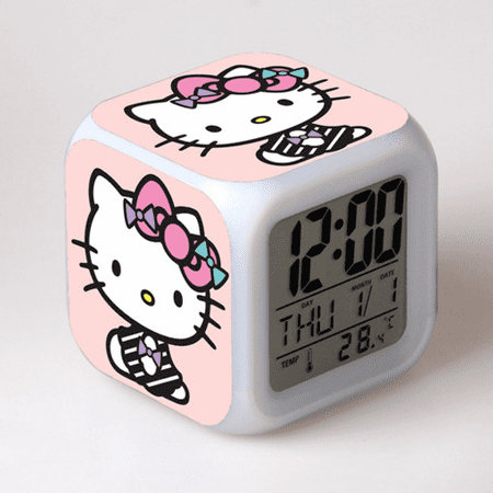 LED Alarm Clock Hello Kitty Pattern Creative Desk Table Clock Glowing Electronic Colorful Digital Clock for Unisex Adults Girl Boy Kids Children Toy Birthday Present Gift