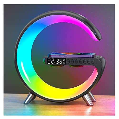 LeeNabao Smart LED Table Lamp, 4-in-1 Wireless Charger, Night Light, Alarm Clock, and Bluetooth Speaker with App Control for Bedroom, Office, and Home Decor (Black)