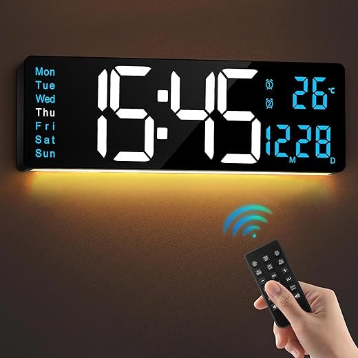 LEIKE 16" Large Digital Wall Clock Timer,Remote Control,2 Alarms, LED Display,Auto DST,Temperature,Battery Operated Wall Clock for Living Room,Bedroom,Desk,Mounted Decor(Black Clock,White Blue LED)