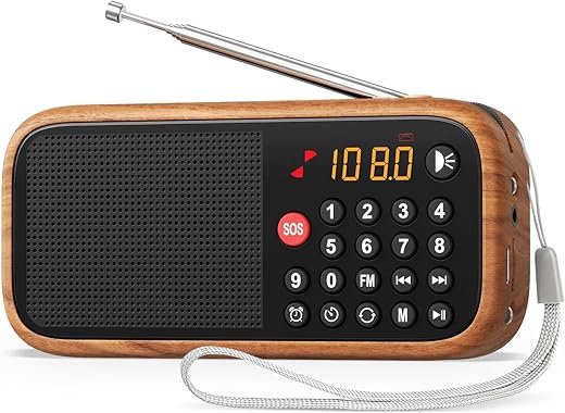 LEOTEC Portable FM Bluetooth Radio Rechargeable,Digital Radio,Retro Wood Table Radios Alarm Clock with Best Reception,Type-C Charging/SOS/AUX/USB,Great for Indoor,Outdoor