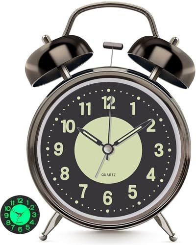 Lesipee Loud Alarm Clock for Heavy Sleeper, Clocks for Bedroom, 4'' Battery Operated Metal Clocks with Night Light, Retro Analog Clock for Student with Luminous dial Non-Ticking, Back to School