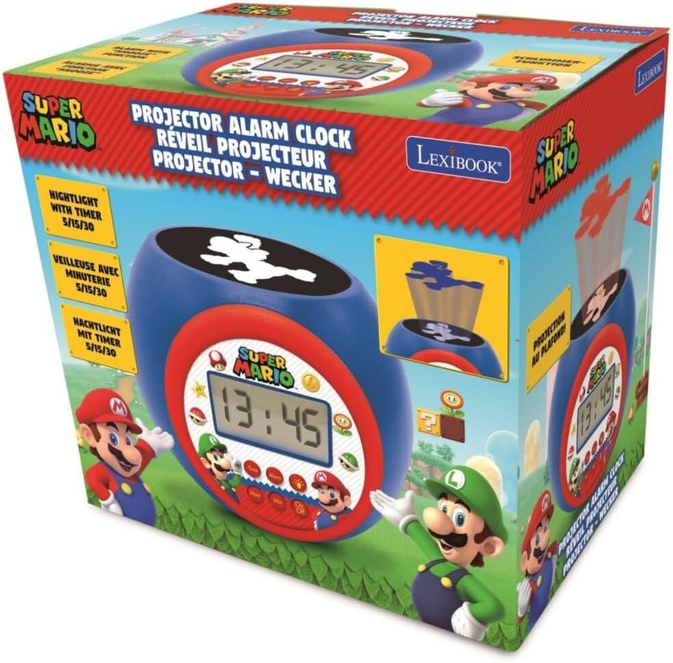 LEXIBOOK Nintendo Super Mario Projector Clock with Snooze Alarm Function,Night Light with Timer, LCD Screen, Battery Operated, Blue