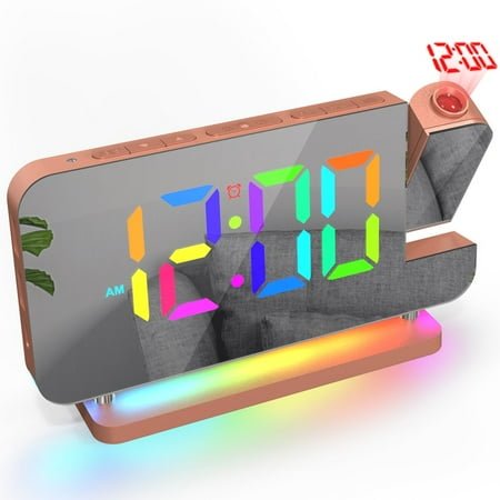 Lindbes Projection Alarm Clock Digital Clock with RGB Night Light 7” Large LED Screen Rose Gold