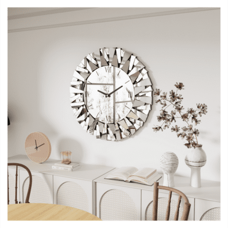 Lorelia Sunburst Silver Mirror Decorative Large Clock Oversize Mirrored Glass Wall Clock