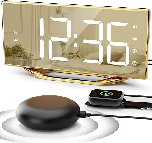 Loud Alarm Clock for Heavy Sleeper, 2 Alarms Big Display Clock with Bed Shaker for Hard of Hearing Deaf,Plug in Bedroom Mirror Clock,Phone Charger,Dimmer,Simple Digital Clock for Senior Adult Teen Kid