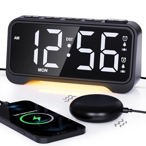 Loud Vibrating Alarm Clock for Heavy Sleepers with Bed Shaker Under Pillow, Hearing Impaired/Deaf/Teens, Dual Alarms, Adjustable Date, Nightlight & Battery Backup, Large LED Digital Display, 12/24H