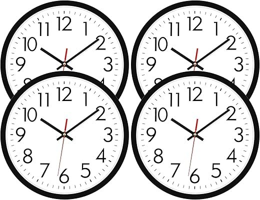 Lumuasky 4 Pack Black Wall Clock,12 Inch Silent Battery Operated Non Ticking Quartz Round Analog Classic Clock Modern Design for Home Office Classroom School Living Room Bedroom