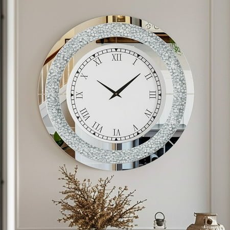 LUVODI 24 inch Rround Crushed Diamond Wall Clock Silver Beveled Mirrored Clock for Wall Living Room Decor