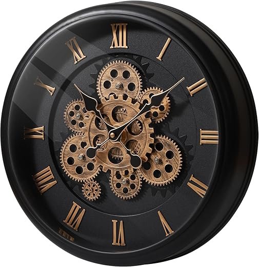 Maxstar Large Moving Gear Wall Clock,16 Vintage Mechanical Battery Operated Industrial Wall Clocks for Farmhouse Living Room,Home Office, Dinning Room, Kitchen, Steampunk Decor-Black,Roman Numeral