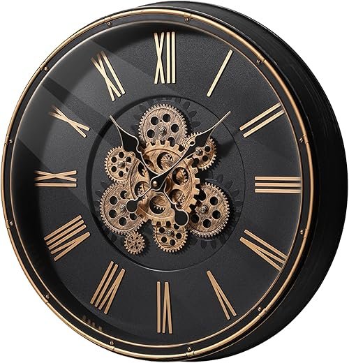 Maxstar Large Moving Gear Wall Clock,20" Vintage Mechanical Battery Operated Industrial Wall Clocks for Farmhouse Living Room,Home Office, Dinning Room, Kitchen, Steampunk Decor-Gold,Roman Numeral