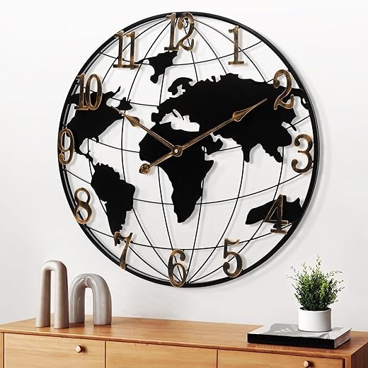 Maxstar Large World Map Wall Clock, Metal Minimalist Modern,Round Silent Non-Ticking Battery Operated Wall Clocks for Living Room/Home/Kitchen/Bedroom/Office/Farmhouse Decor