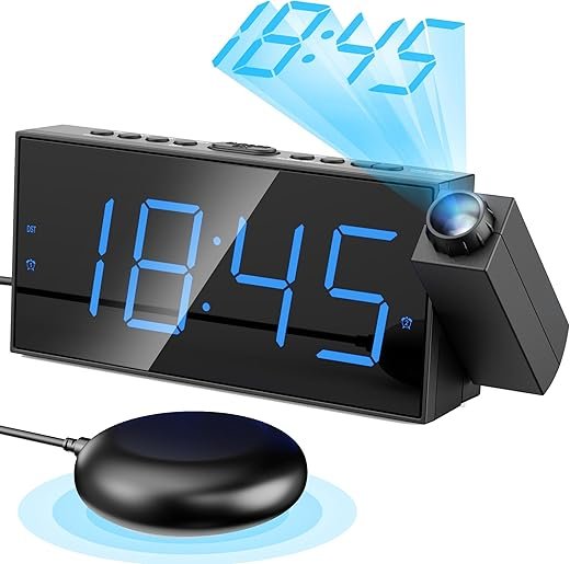 Mesqool Projection Alarm Clock, Loud Vibrating Alarm Clock for Heavy Sleepers, Adjustable Projection Brightness,Hearing Impaired & Deaf People, Digital Alarm Clock with USB Charging Port