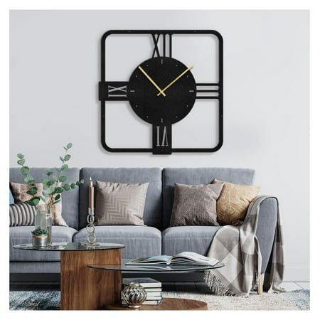 Metal Wall Clock Wall Art Decor, Bold Square Numeral Wall Sculpture Silent Battery Operated Clock Hanging Home Decoration for Living Room Bedroom, Kitchen Bathroom - 14 Black