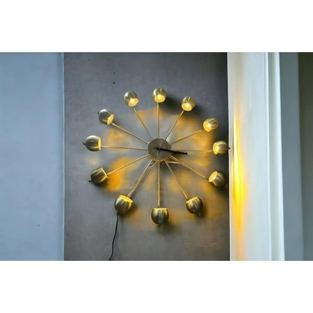 Mid-Century Italian Brass 12-Bulb Large Round Wall Clock, Stunning Chandelier Vintage Reproduction, Modern Decor Light, Pack of 1(24inch Bulb is not Included), Gold,