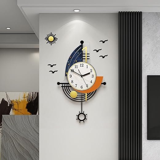 Modern Wall Clock Battery Operated 30 Inch Large Boat Design Pendulum Wall Clocks for Living Room Decor 3D Silent Clock Wall Decor Sticker Non Ticking for Bedroom Office Home Kitchen Decoration