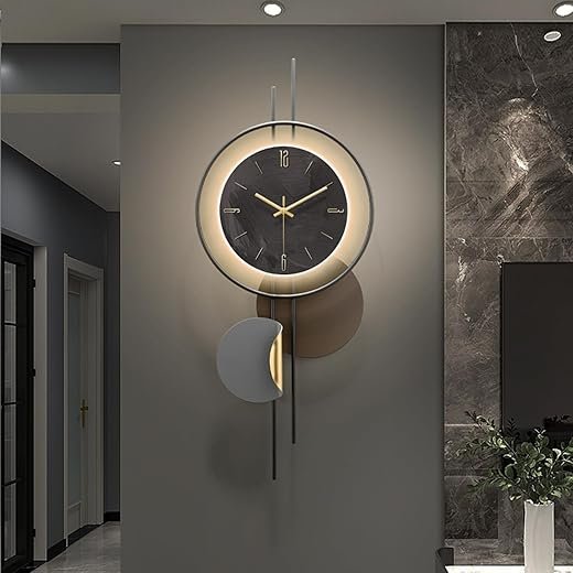 Modern Wall Clock for Living Room,Large Black Decorative Wall Clock with Light,Creative Silent Clock Battery Operated Metal Wall Art for Entryway/Bedroom/Office/Dinning Room/Kitchen Decor