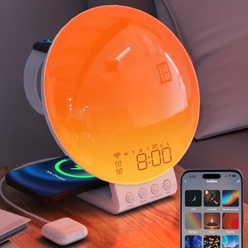 MOMILLA Sunrise Alarm Clock Smart, 3 in 1 Wireless Charging Station, App Control Sound Machine White Noise, Sunlight Sunset Lamp, Night Light Wake up Light in Bedroom for Heavy Sleepers, Kids, Adults