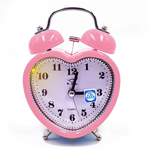 Monique Students Seniors 3in Twin Bell Loud Alarm ,Silent Analog Quartz Nightlight Clock Battery Operated for Heavy Sleepers Heart Shape Pink