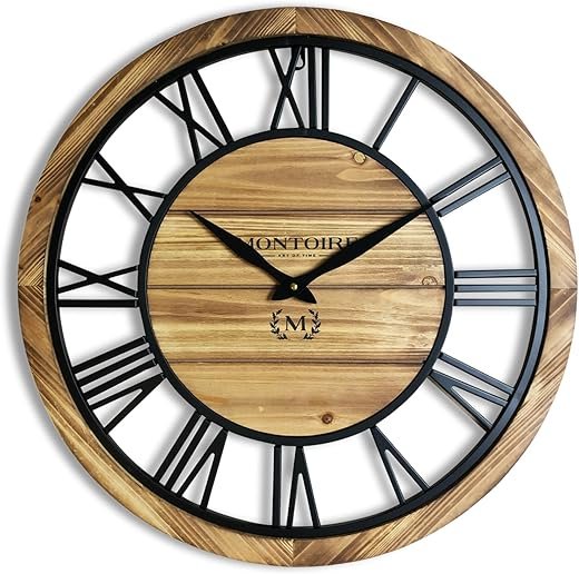 Montoire 24 Inch Wooden Farmhouse Wall Clock, Extra Large for Living Room Decor - Big Rustic Wood Large Round Wall Clock 24 Inches or Larger, Battery Operated with Decorative Roman Numerals