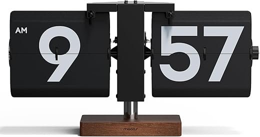 mooas Classic Modern Wood Big Flip Desk Clock (Black), Retro Vintage Analog Design Auto Flip Clock Table Clock Large Number Battery Powered, Ideal for Home Office School Hotel Café