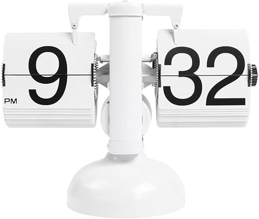 mooas Flip Desk Clock (White), Retro Vintage Design Auto Flip Clock Desk Clock Table Clock Large Number Battery Powered Internal Gear Operated Home Décor Ideal for Home Office School Hotel Café