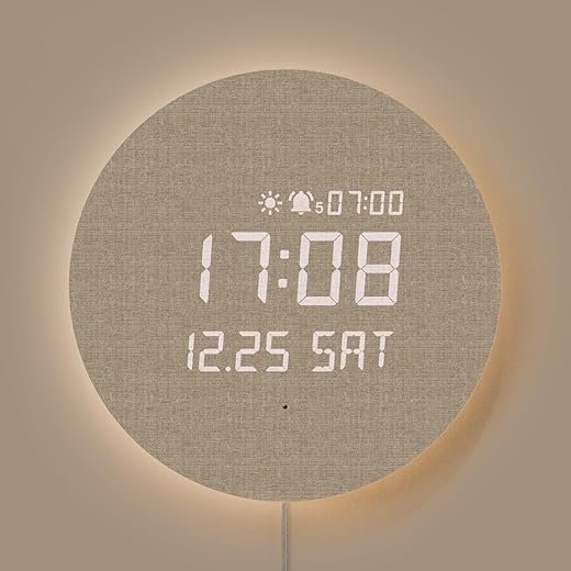 mooas Full Moon LED Silent Wooden Digital Wall Clock with Remote Control, Backlight Nightlight Digital Wood Wall Clock, Sunrise Alarm Melody, 5 Level Brightness Modern Decorative Office Livingroom