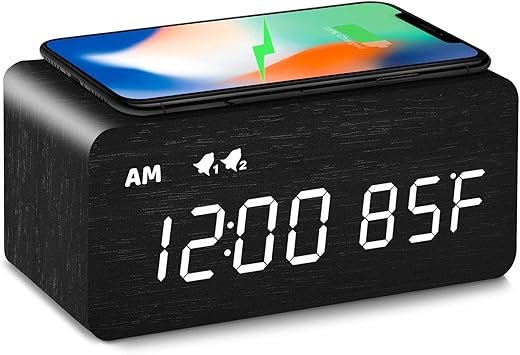 MOSITO Digital Wooden Alarm Clock with Wireless Charging, 0-100% Dimmer, Dual Alarm, Weekday/Weekend Mode, Snooze, Wood LED Clocks for Bedroom, Bedside, Desk, Kids (Black)