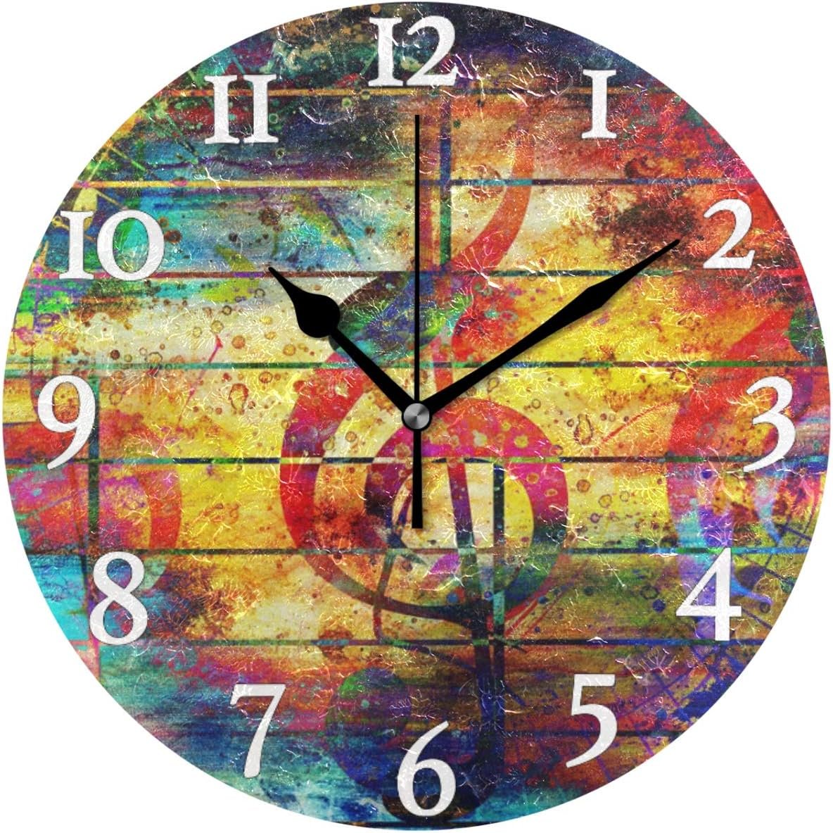 Naanle Music Musical Round Wall Clock, Wooden Colorful Music Notes Silent Non Ticking Wall Clocks Battery Operated for Home Office School Decor