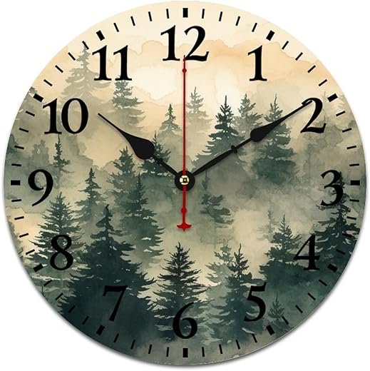 Nature Pine Trees Scenic Foggy Mountain Wooden Wall Clock Watercolor Nature Mountain Misty Pine Foggy Plants Smokey Green Pine T Wooden Decorative Battery Operated Silent 10 Inch Round