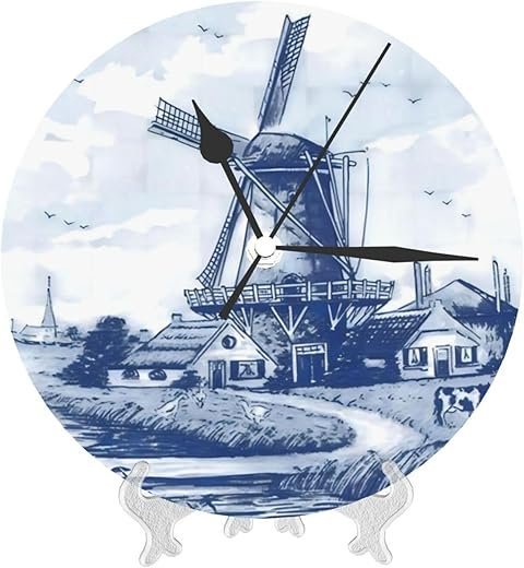 Nederland Cute Vintage Dutch Windmill Delft Blue Round Wall Clock, Decorative Clocks Battery Operated Quartz Quiet Desk Clocks for Home Decor