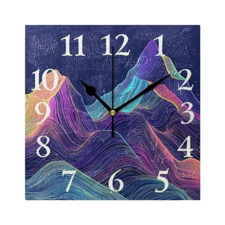 Neon Mountains Shining Stars Square Wall Clock Battery Operated Easily Read Black Pointer Home Decor for Living Room Bedroom 7.78 x 7.78