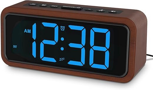 Netzu Wooden Alarm Clock, Loud Digital Clock with 5 Volumes, 12 Ringtones, Manual DST, Snooze Plug-in Alarm Clock for Heavy Sleepers Bedroom Bedside Living Room Office Wood Decor (Blue)