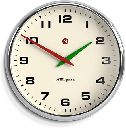 NEWGATE® Superstore Wall Clock - Large Wall Clock - Living Room Clock - Office Clock - Round Clock - Convex Glass - Designer Clock - Retro Clock - Arabic Numerals (Chrome)