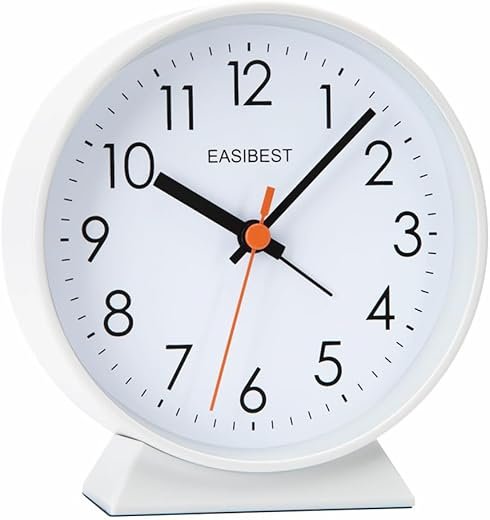 No Ticking Silent Alarm Clock,Easy to Read and Use,Ascending Sound,1 AA Battery Operated,Snooze Light,Bedside Desk Clock,White