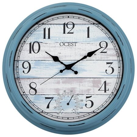 OCEST 16 Inch Large Outdoor Clock, Waterproof Retro Quartz Silent Clock with Thermometer, Battery Operated Decor Clock for Patio, Pool, Fence, Porch, Garden