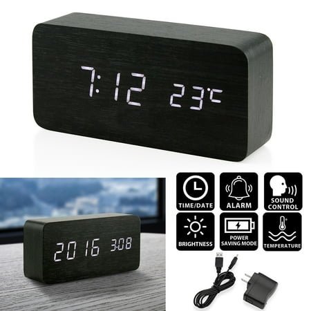 Oct17 LED Wooden Desk Clock Alarm Snooze Voice Control Timer Thermometer - Bamboo