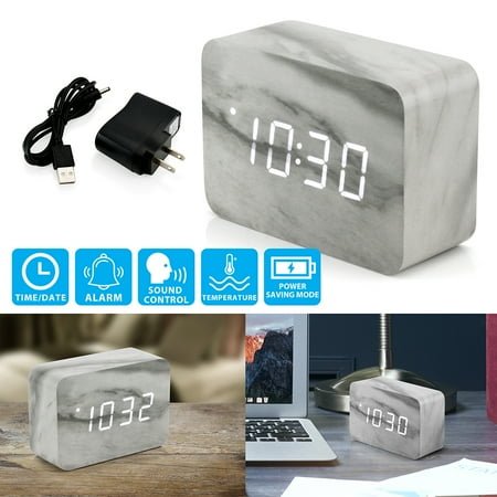 Oct17 Marble Pattern Alarm Clock, Fashion Multi-function LED Alarm Clock with Snooze and USB Power Supply, Voice Control, Timer, Thermometer - Marble