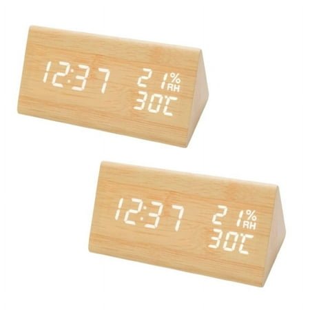 OCT17 Wooden Alarm Clock, Wood Alarm Clock Smart LED Digital Clock for Bedroom/desks, Upgraded with Time Temperature, Adjustable Brightness and Voice Control, Humidity Displaying - Bamboo 2 PCS