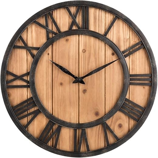 Oldtown Farmhouse Metal & Solid Wood Noiseless Wall Clock (Wood, 18-inch)