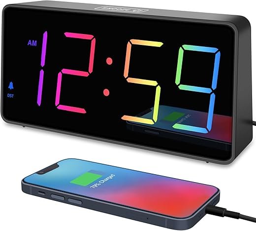 Peakeep Digital Alarm Clock for Bedroom Bedside, Extra Loud for Heavy Sleepers Adults, Large RGB Color Changing Colorful LED Big Numbers, Battery Backup Plug in Electric Clock with USB Charger