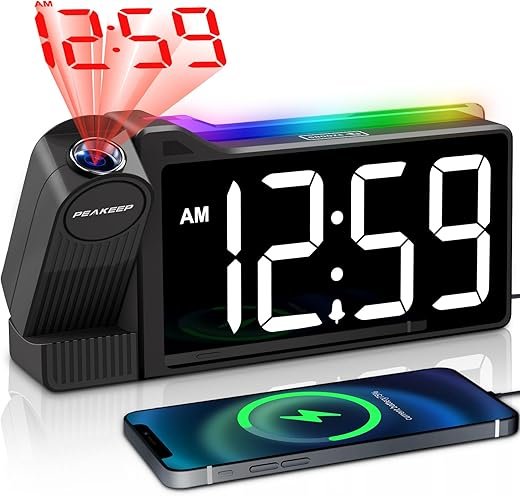 Peakeep Projection Alarm Clock for Bedroom Ceiling, Super Loud for Heavy Sleepers, Colorful Nightlight, Dimmable Large Number Digital Clock, Plug in Bedside Electric Clock with USB Port (WR)