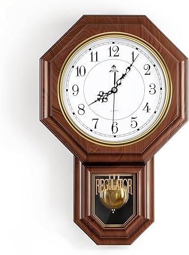 Pendulum Wall Clock Battery Operated, Imitation Wood Plastic Regulator Clock with Pendulum,Vintage Decorative Wall Clocks for Living Room,Farmhouse,Office,Bedroom,Kitchen,Wall Decor