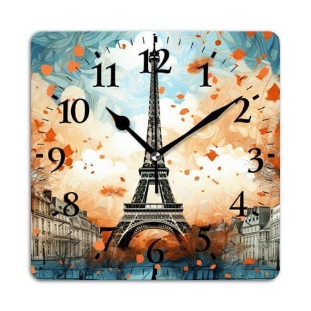 Personalized Wall Clock Non-Ticking Silent Clocks Battery Operated Square Clocks Decorative for Bathroom,Office-Eiffel Tower Maple Leaf Autumn In Colorful(10inch)