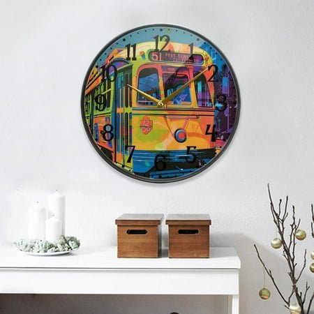 Pop Art Trolley Round Wall Clock 9.5 Inch Non-Ticking Silent Battery Operated Clock for Home Kitchen Office School Decor