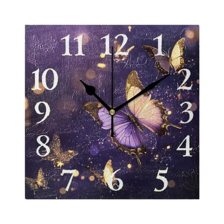 Purple Gold Butterflies Square Wall Clock Battery Operated Easily Read Black Pointer Home Decor for Living Room Bedroom 7.78 x 7.78