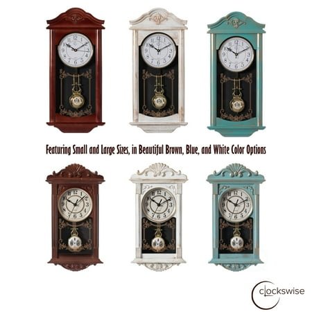 Quickway Imports - Vintage Grandfather Wood- Looking Plastic Pendulum Wall Clock for Living Room, Kitchen, or Dining Room