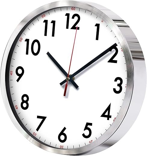 QWANPET Stainless Steel Wall Clock,12" Modern Quartz Wall Clocks,Quality Non-Ticking Silent Wall Clock for Home Living Room Bedroom Kitchen School,Battery Operated,Silver