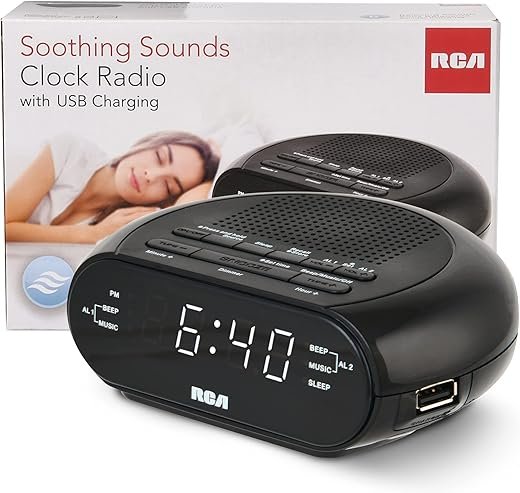 RCA RCS27 Digital Radio Alarm Clock with Soothing Sounds, Brightness Control, and USB Charging Port