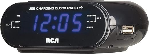 RCA USB Charging Clock Radio, .6” Blue LED Display, Brightness Display, FM Radio with Presets, Dual Wake, Sleep Timer, and Snooze Functions