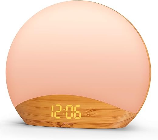 REACHER Wood Grain Sunrise Alarm Clock and Sound Machine Nightlight, Digital Dimmable Clock for Bedroom, 26 Sleep Sounds, White Noise Machine for Baby, Adults, Wake Up Light Alarm Clock for Kids